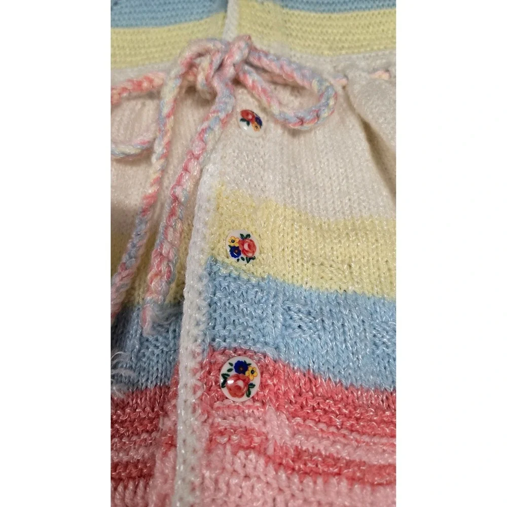 Vintage Handmade Knit Pastel‎ Striped Dress Floral Buttons Crochet Trim Sz 2T-3T